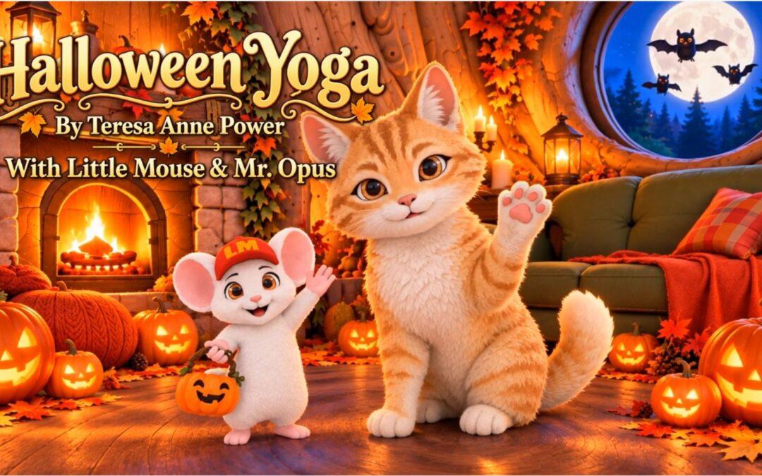 Little Mouse and Mr. Opus in Halloween costumes for an animated kids yoga adventure